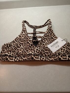 ZYIA Leopard Print Strappy Sports Bra in Beige and Black